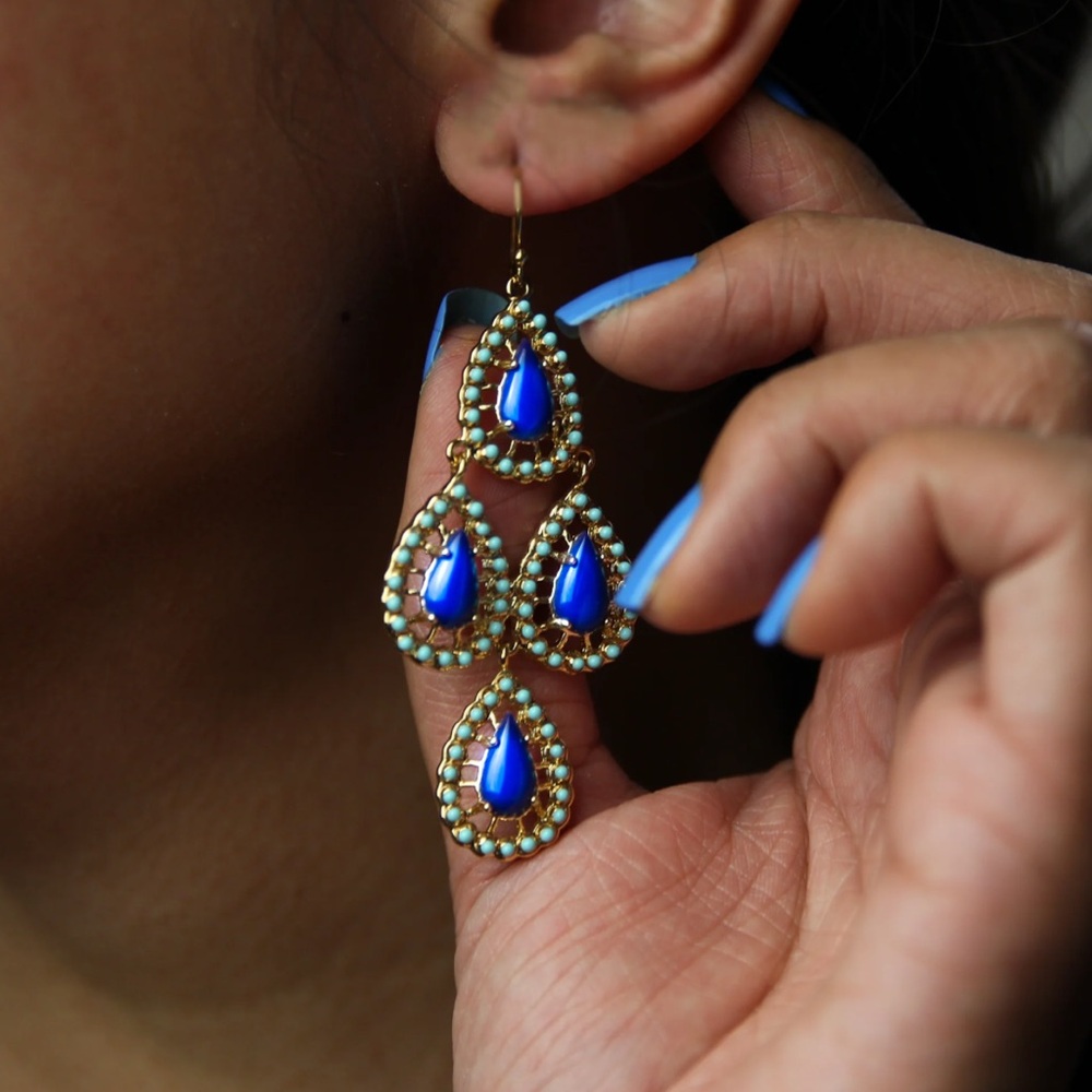1Day Sale Estate Elegant 2.75” Blue Dangle Earrings 18k Gold Plated